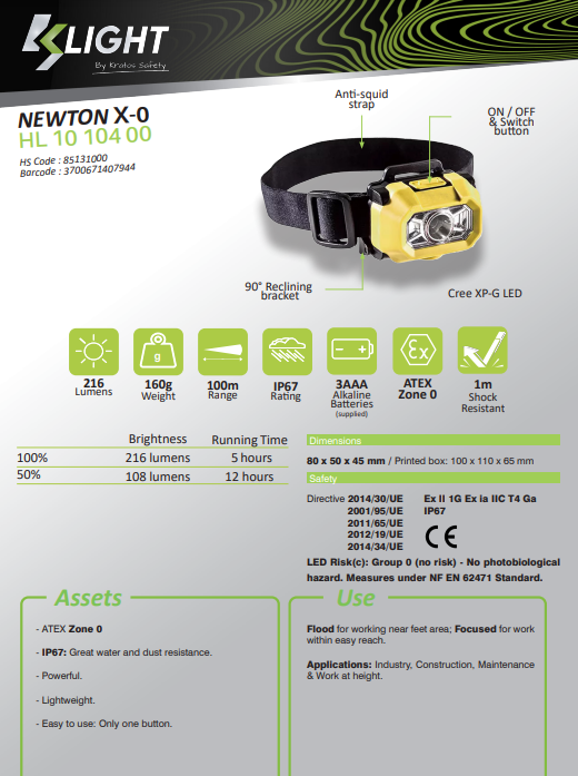 Pannlampa KS Light Newton X-O ATEX / ZONE 0  / 216 Lumen / 3AAA batteri / 12 tim / IP65 - 3