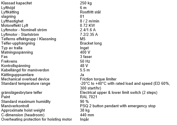 Kättingtelfer SWF Athlo "livsmedelklassad", Maxlast: 250 kg / Lyfthöjd: 6 meter / Lyfthastighet: 8/2 m/min - 4