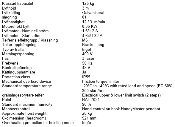 Kättingtelfer SWF Handymaster, Maxlast: 125 kg / Lyfthöjd: 3 meter / Lyfthastighet: 12/3 m/min - 4