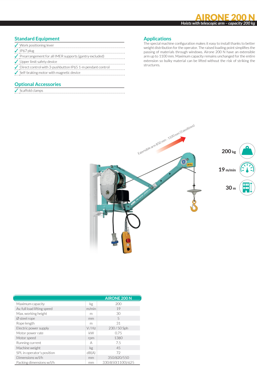 Ställningsvinsch IMER AIRONE 200 N / Maxlast: 200 kg (19 m/min) - 2