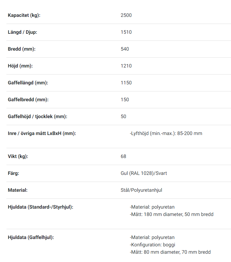 Pallyftare  Maxlast: 2500 kg / Gaffellängd: 1150 mm, dubbel PU-hjul - 2