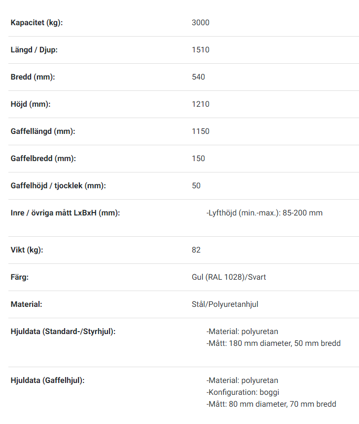 Pallyftare med handbroms  Maxlast: 3000 kg / Gaffellängd: 1150 mm, dubbel PU-hjul - 2