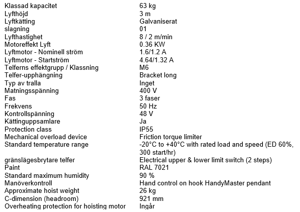 Kättingtelfer SWF Handymaster, Maxlast: 63 kg / Lyfthöjd: 3 meter / Lyfthastighet: 8/2 m/min - 4