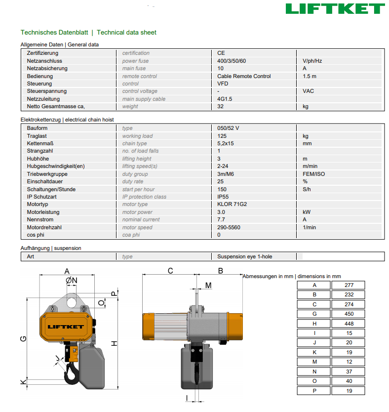 Kättingtelfer Liftket Star VFD frekvensstyrd, 125 kg (2-24 m/min) - 2