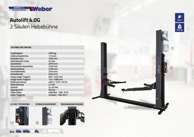 2-Pelarlyft Weber Expert-serien Autolift 4.0G med bottenram - 5