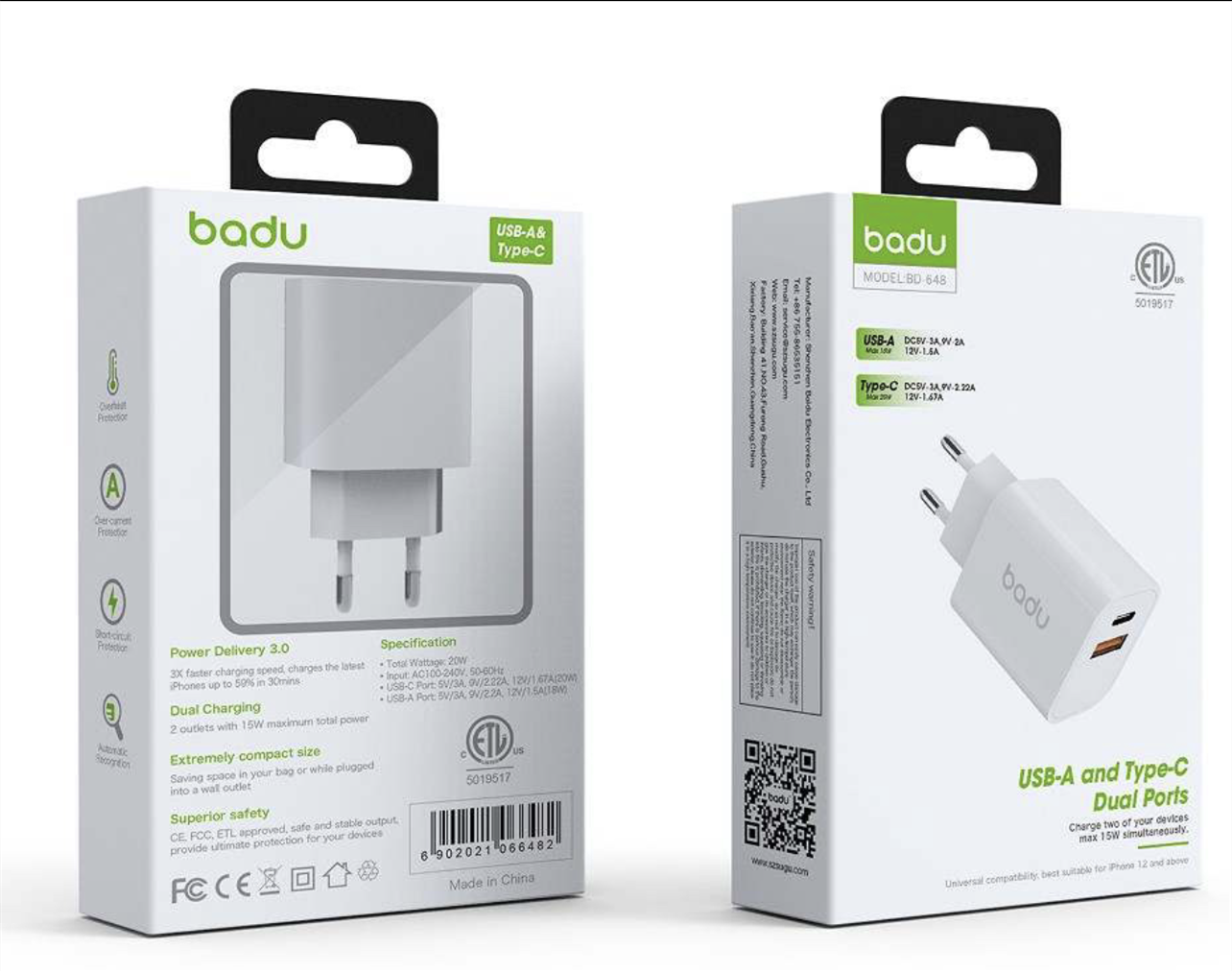 Laddare Badu PD 20W snabb laddare USB-A and USB-C Dual charging Snabbladdare Vit - 6