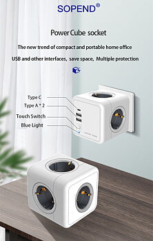 Power cube socket  4 eluttag Adapter Original USB, type A*2  type C*1