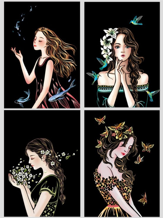 Scratch painting Skrapmålning Skrappenna motiv kort beautiful girls set 4 kort 