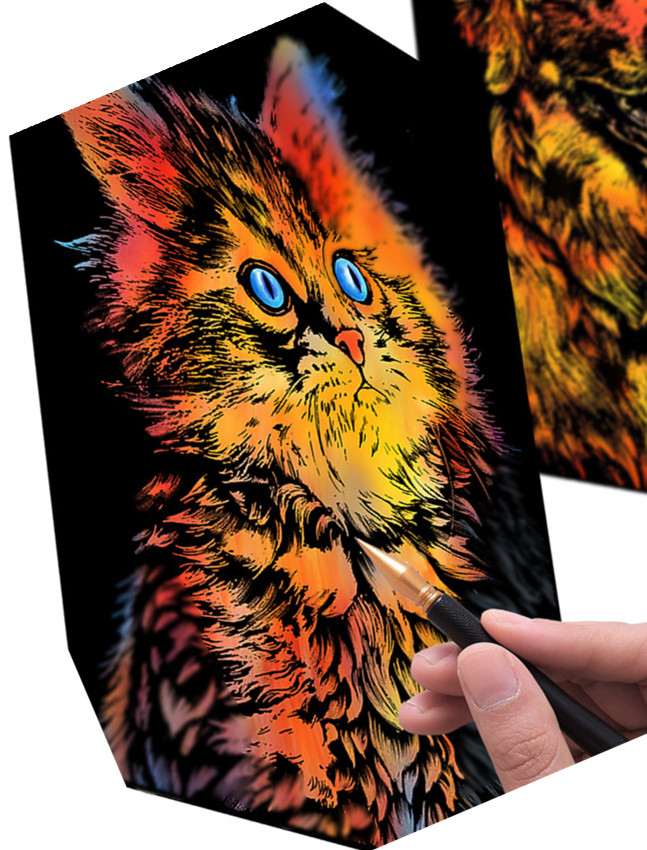 Scratch painting Skrapmålning Skrappenna motiv kort katt