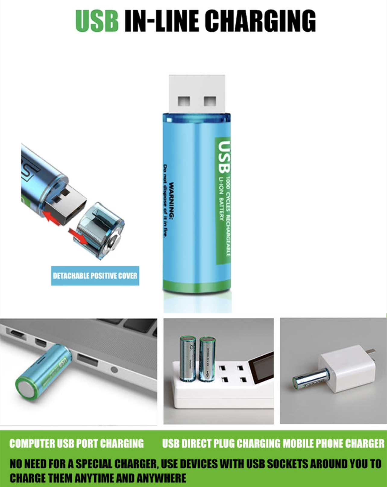 Laddningsbart batteri via USB LI-ion BatteryAA 1.5V 1000mAh 2-Pack Rechargeable  - 2
