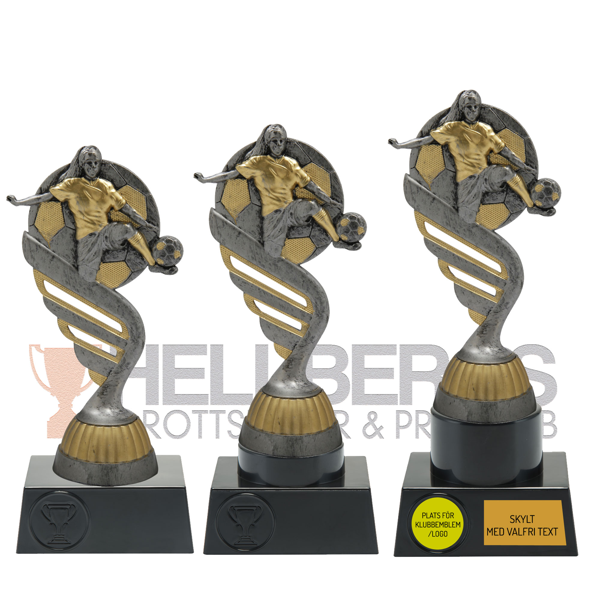 Fotbollsstatyett Damfotbollsspelare Antik/Silver Sport Trophies - 165/180/195 mm - Pris inklusive skylt med text