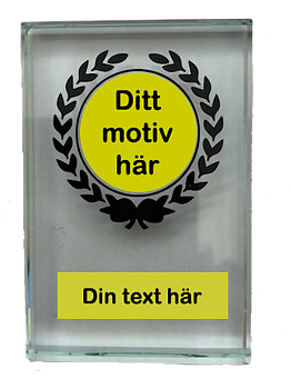 Glasplakett 75x50x10 mm med monterad skylt i metall och med eget motiv