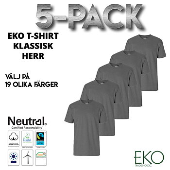 5-pack T-shirt Klassisk Premium 185 gsm - Herr - Neutral - Fairtrade & EKO, GOTS - Välj på 25 olika färger