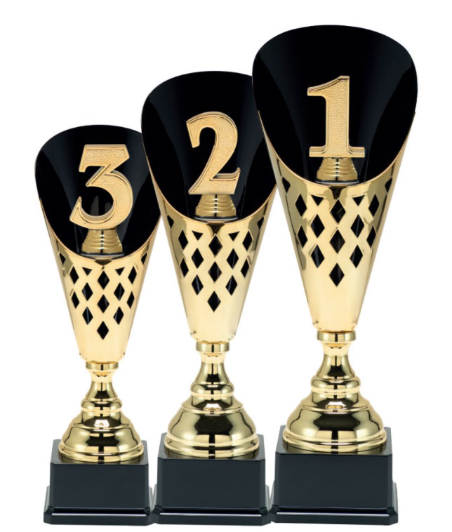 Guldpokal i metall 1:a, 2:a, 3:a Trophies  - 3 olika storlekar - Inklusive skylt med text