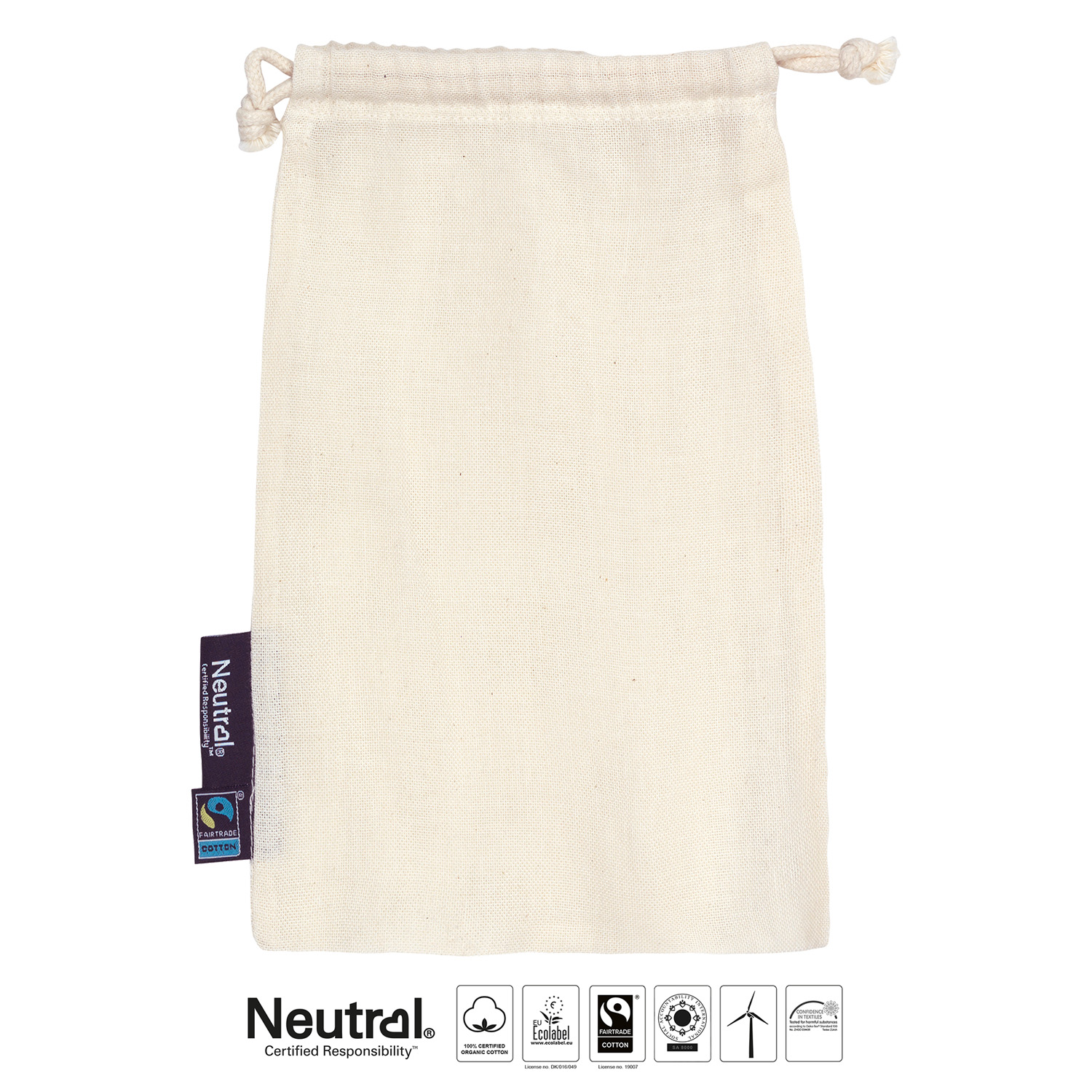 Cotton Bags Nature with Drawstrings SMALL, Pack of 5 pieces, Neutral, Fairtrade & EKO GOTS  - 2