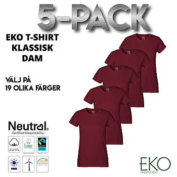 5-pack T-shirt Klassisk Premium 185 gsm - Dam - Neutral - Fairtrade & EKO, GOTS - Välj på 25 olika färger