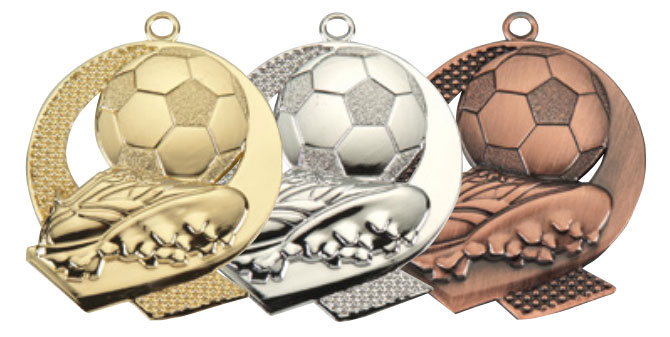 Medaljer 43x50 mm präglade - Fotboll - Guld, Silver och Brons - 2