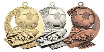 Medaljer 43x50 mm präglade - Fotboll - Guld, Silver och Brons