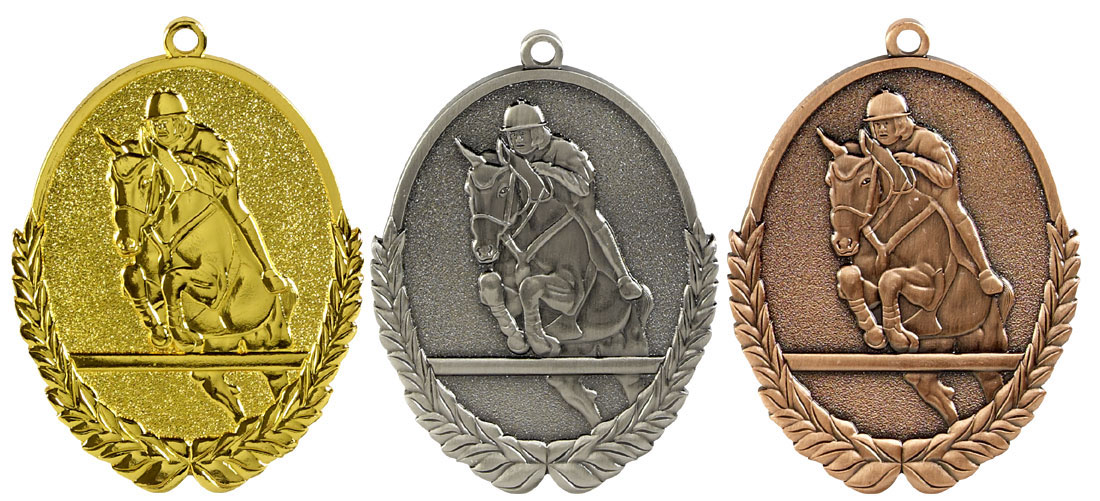 Medaljer 50x30 mm ovala präglade - Hästhoppning - Guld, Silver och Brons