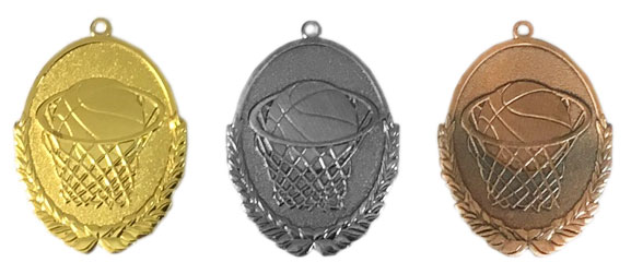 Medaljer 50x30 mm ovala präglade - Basket - Guld, Silver och Brons