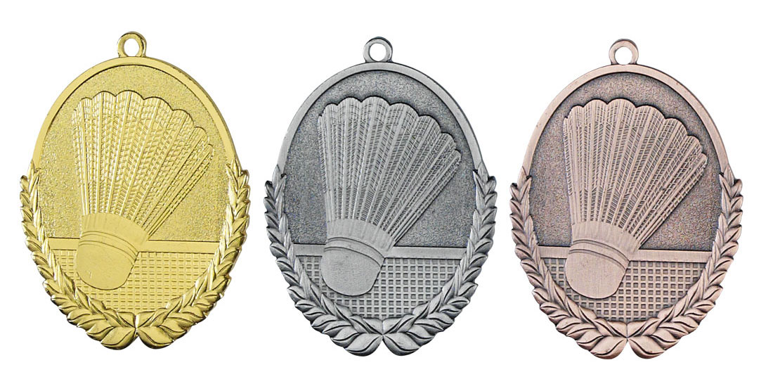 Medaljer 50x30 mm ovala präglade - Badminton - Guld, Silver och Brons