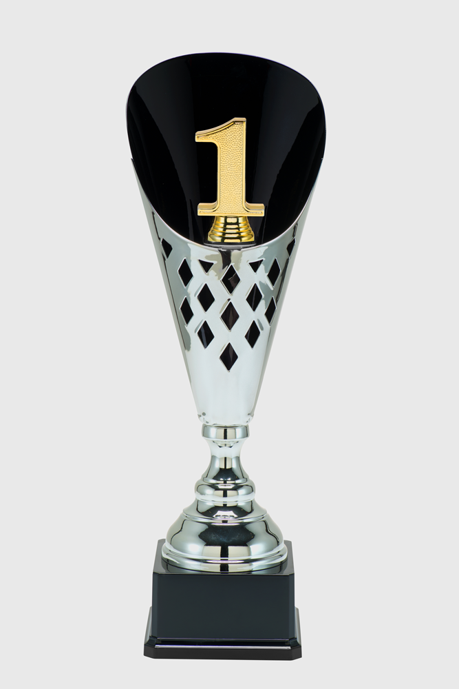 Silverpokal Podium 1:a, 2:a, 3:a Trophies - 400/455/505 mm - Inklusive skylt med text - 2