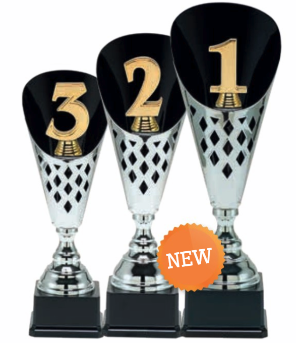 Silverpokal Podium 1:a, 2:a, 3:a Trophies - 400/455/505 mm - Inklusive skylt med text