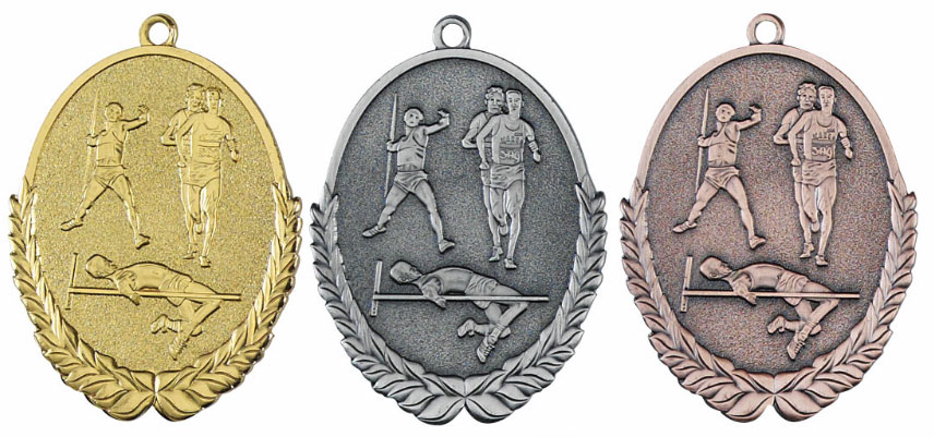 Medaljer 50x30 mm ovala präglade - Friidrott - Guld, Silver och Brons