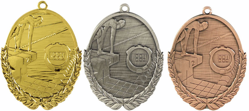 Medaljer 50x30 mm ovala präglade - Simning - Guld, Silver och Brons