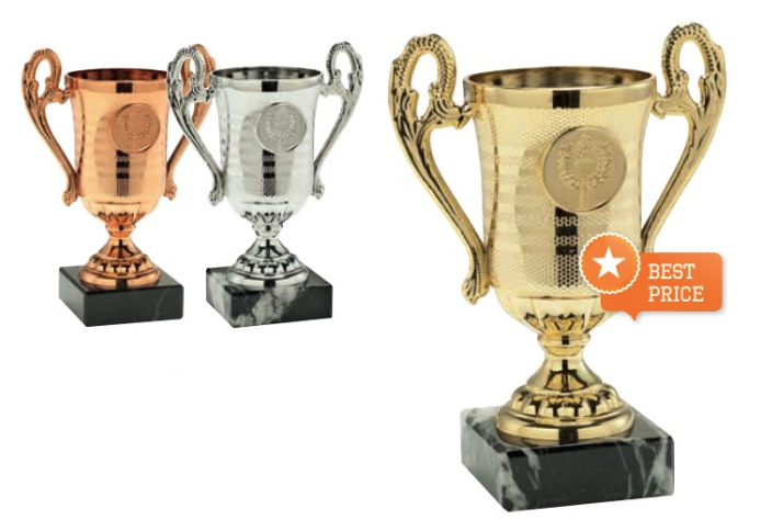 Pokal Linz 145 mm - Guld, Silver & Brons - Inklusive jetong och skylt med text