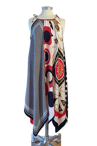 Scarfklänning ärmlös, röd/vit/blå