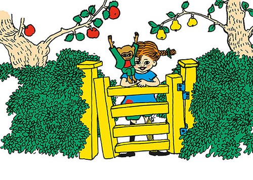 Vykort A6 Pippi Långstrump vid grind