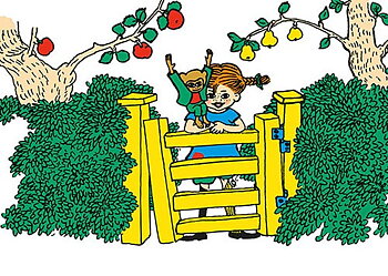 Vykort A6 Pippi Långstrump vid grind