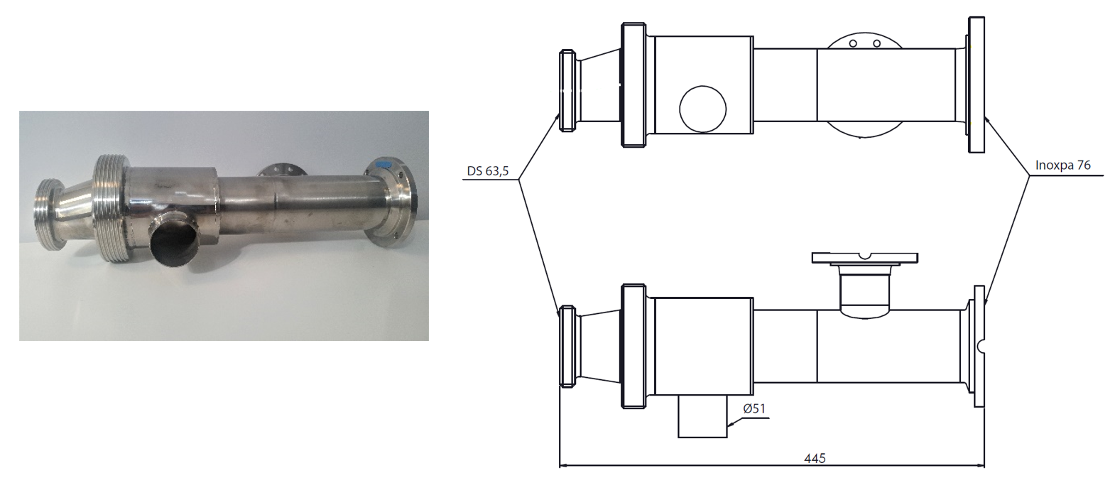 Auslauf für DF95L 14000-30000 L, Ø76 mm (3") mit I-Flansch und DS 63,5 (2,5")