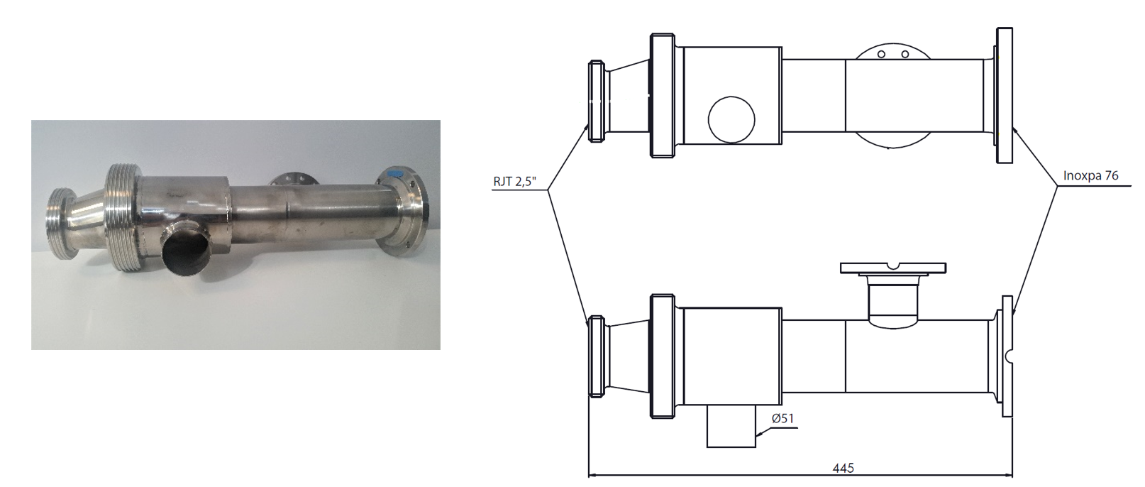 Auslauf für DF95L 14000-30000 L, Ø76 mm (3") mit I-Flansch und RJT 2,5"