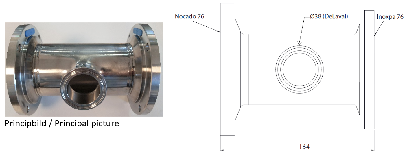 Adapter (T-Rohr) Ø76 mm (3") N-Flansch (Tank) -- Ø76 mm (3") I-Flansch, 1 Stück Milchleitung Ø38 mm