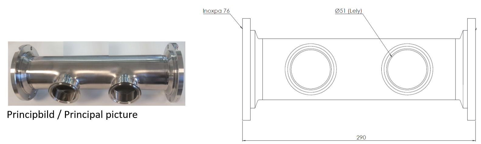 Mellanstycke Ø76 mm (3"), I-flänsar, 2 st mjölkledningar Ø51 mm