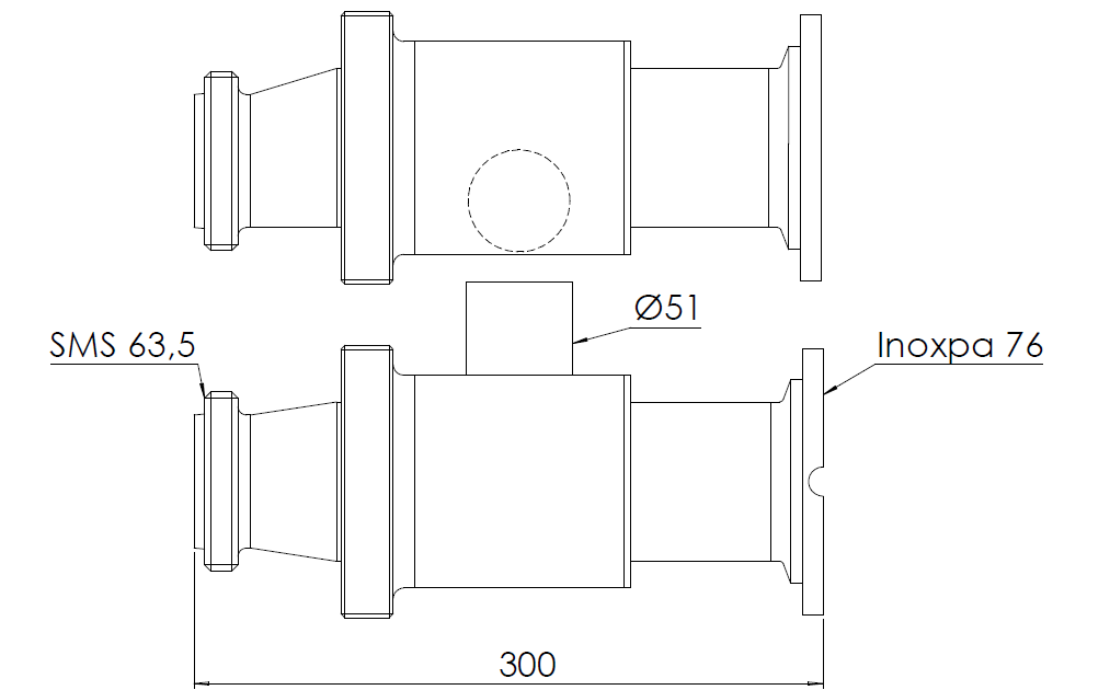 Clean & Clamp, Ø76 mm (3 ") mit N-Flansch und SMS 63,5 - 1 St. Reinigungsanschluss, links