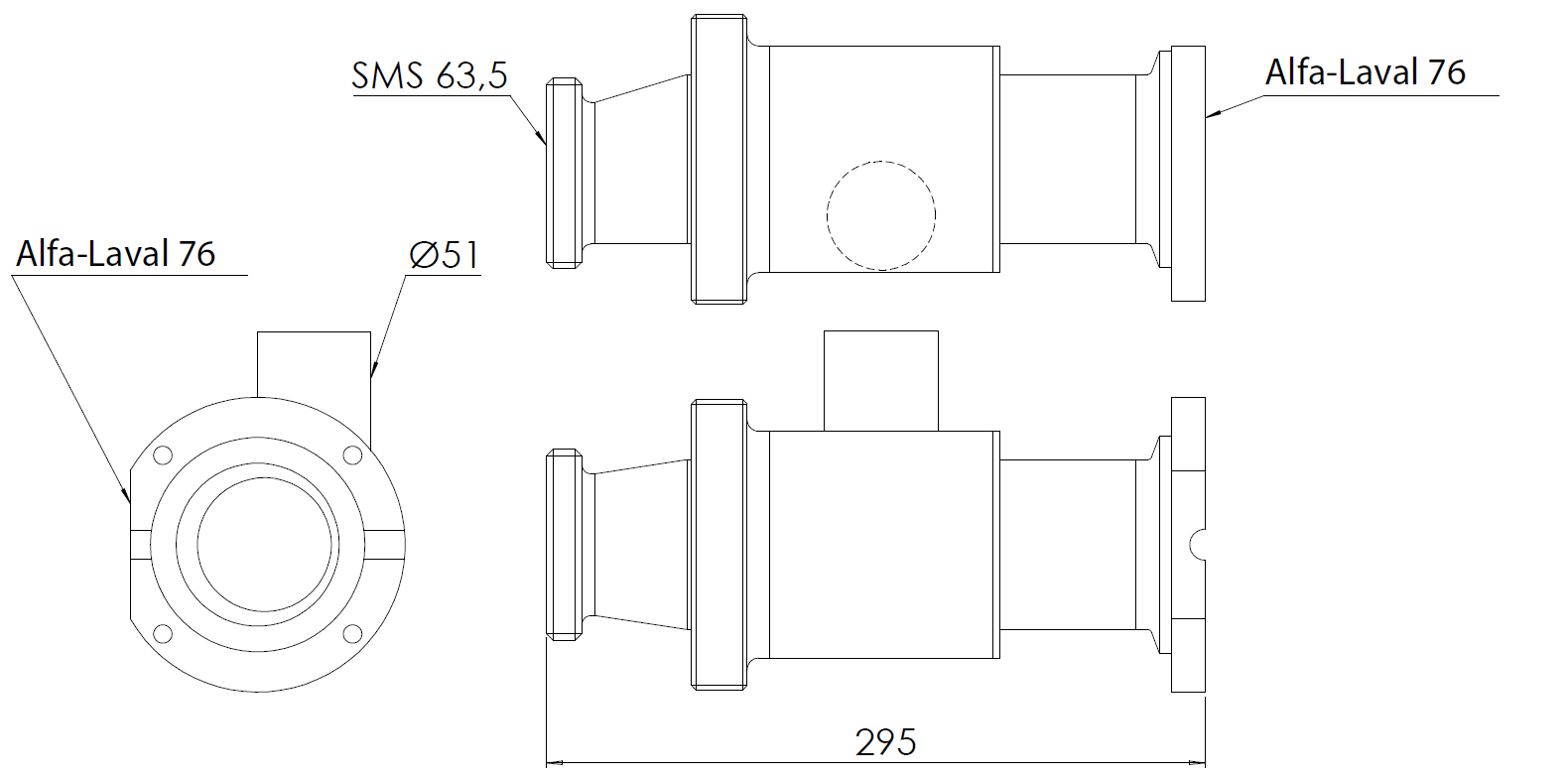 Clean & Clamp, Ø76 mm (3") mit A-Flansch und Nippel SMS 63,5 - 1 Stück Reinigungsanschluss links