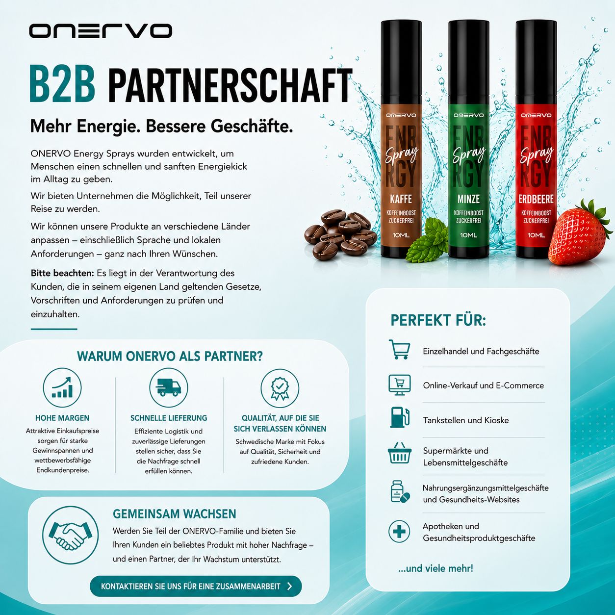 ONERVO B2B-Partnerschaft mit Energie-Spray für Einzelhandel, Online-Handel, Tankstellen, Supermärkte, Nahrungsergänzungsmittelgeschäfte und Apotheken mit hohen Margen, schneller Lieferung und Anpassung an lokale Anforderungen
