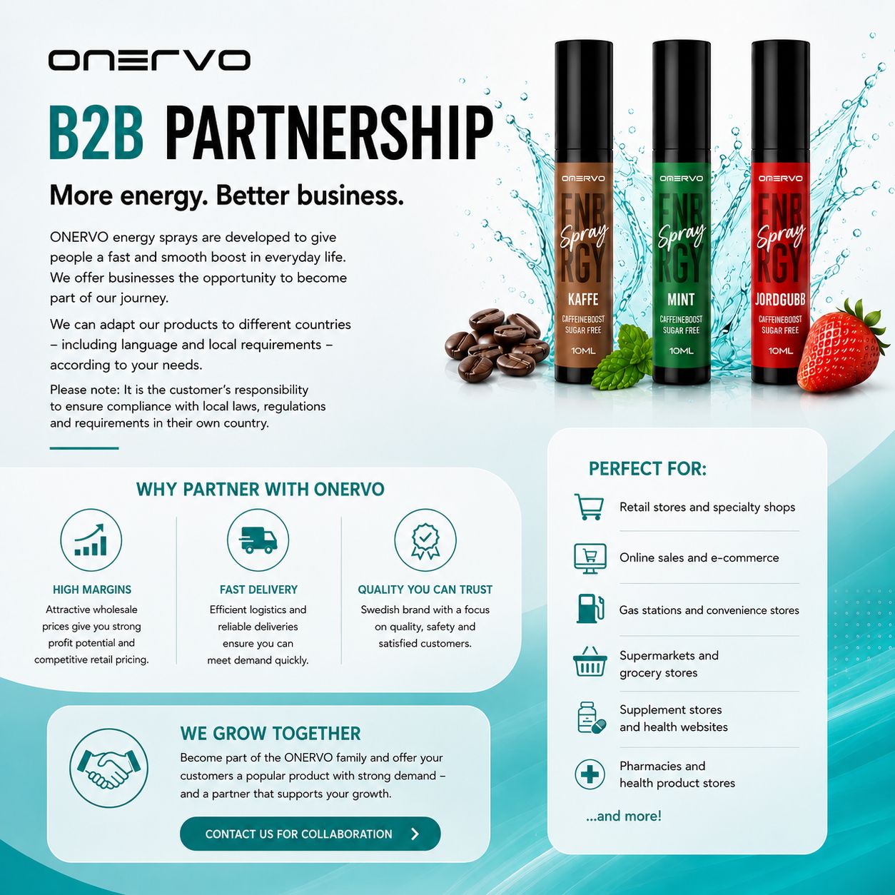 ONERVO B2B partnership banner showcasing energy spray products for retailers, e-commerce, gas stations, supermarkets, supplement stores and pharmacies with high margins, fast delivery and multilingual market adaptation