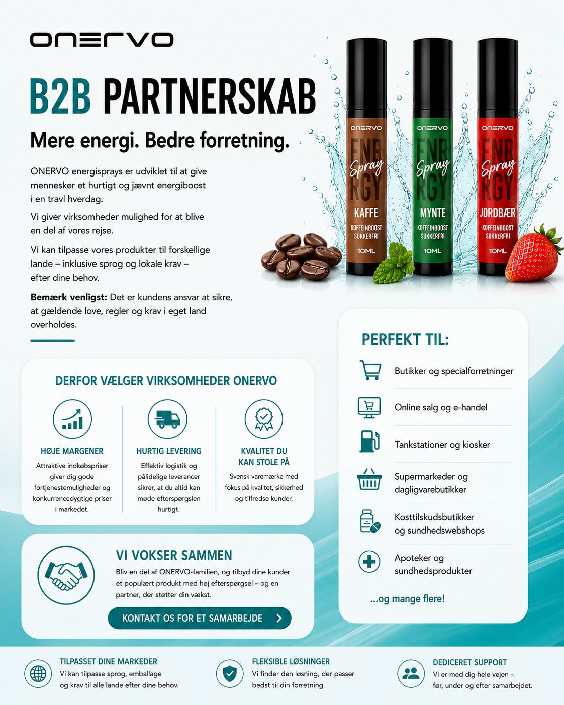 ONERVO B2B-partnerskab med energispray til butikker, webshops, tankstationer, supermarkeder, kosttilskudsbutikker og apoteker med høje marginer, hurtig levering og tilpasning til lokale krav.