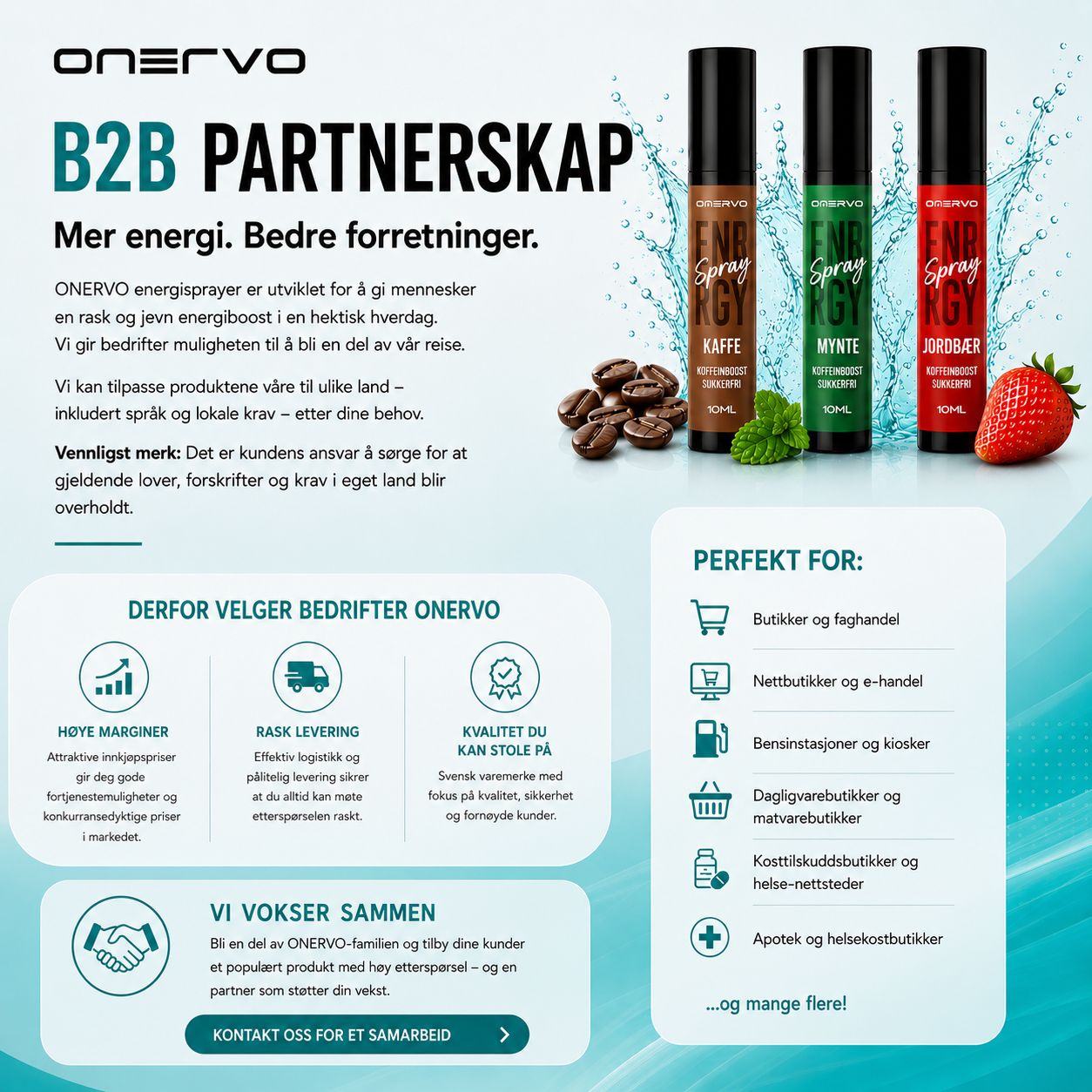 ONERVO B2B-partnerskap med energispray for butikker, nettbutikker, bensinstasjoner, dagligvarebutikker, kosttilskuddsbutikker og apotek med høye marginer, rask levering og tilpasning til lokale krav.