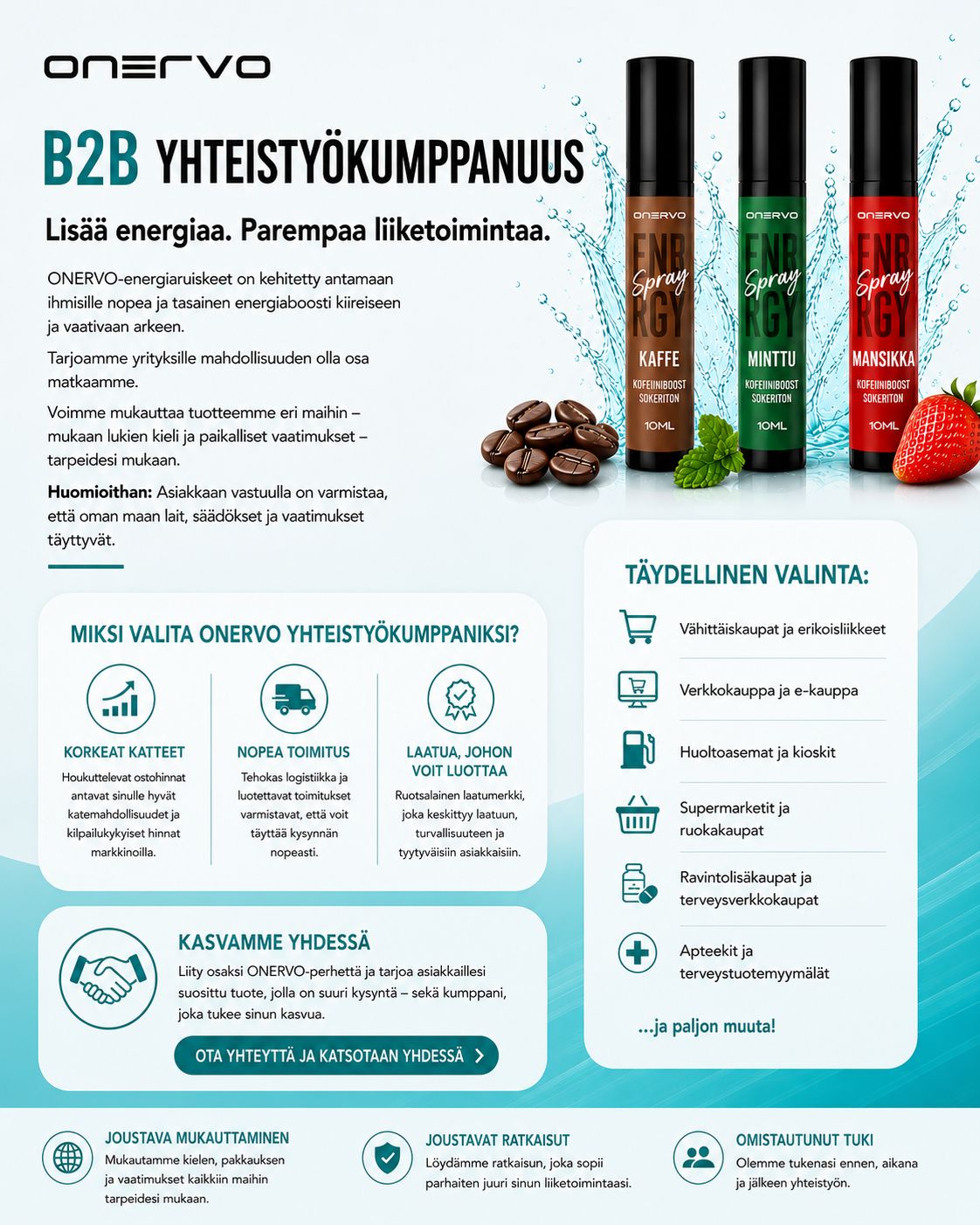 ONERVO B2B-yhteistyökumppanuus energiasuihkeella vähittäiskaupoille, verkkokaupoille, huoltoasemille, supermarketeille, ravintolisäkaupoille ja apteekeille. Korkeat katteet, nopea toimitus ja mukauttaminen paikallisiin vaatimuksiin.
