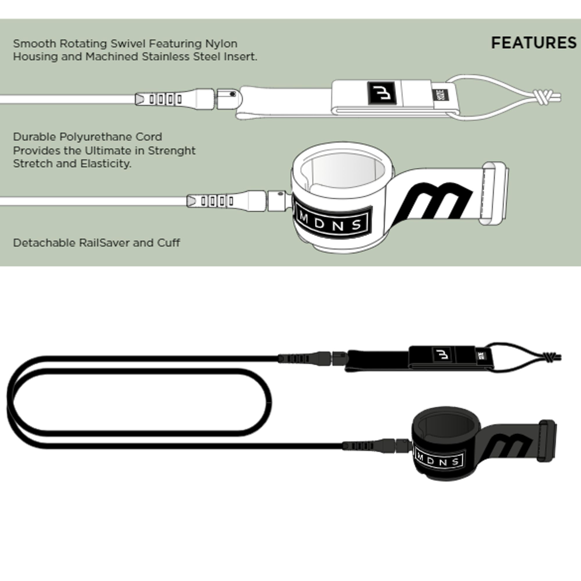 MDNS Surfboard Leash 6.0 180cm 7mm black - 2