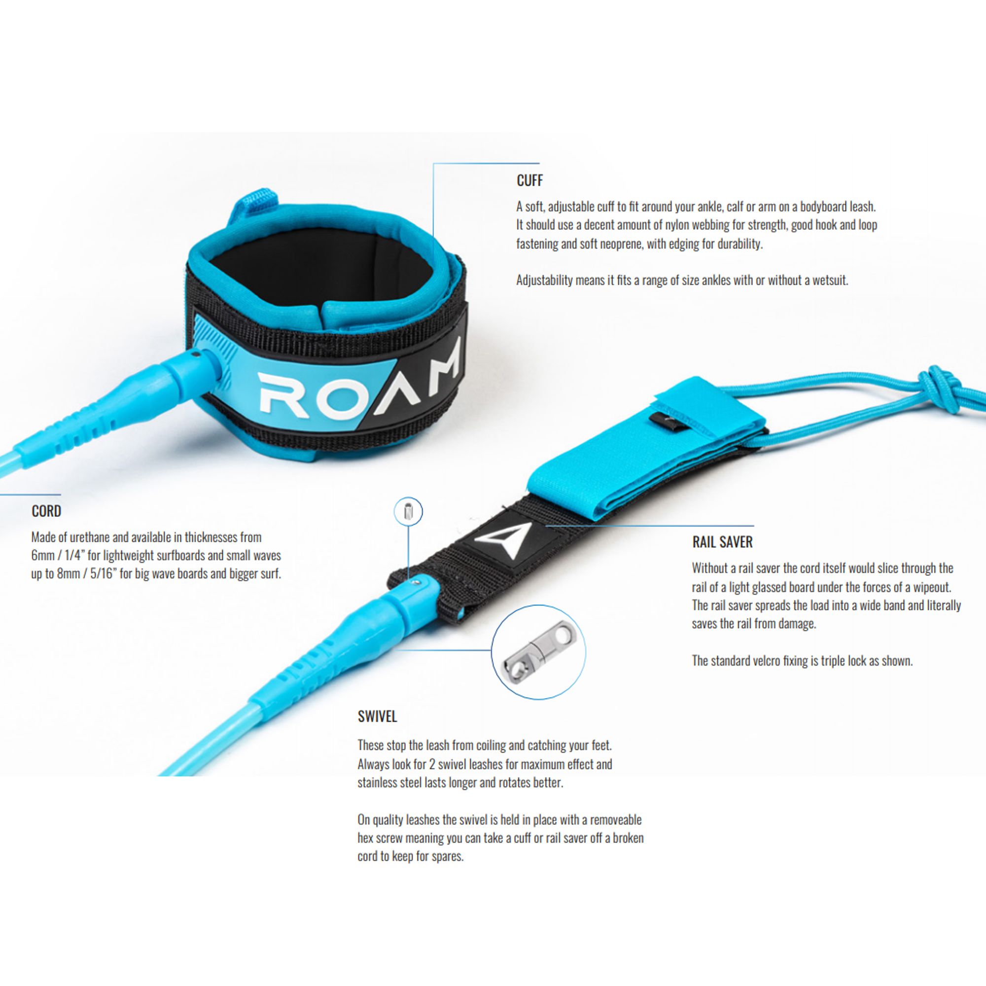 ROAM Surfboard Leash Premium 8.0 244cm 7mm Black - 3