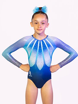 SPARKLE BLUE Gymnastikdräkt med långa ärmar, glittrigt tyg, sublimerat tyg och glasstenar