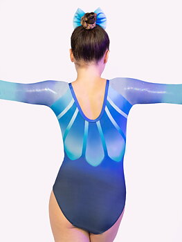 SPARKLE BLUE Gymnastikdräkt med långa ärmar, glittrigt tyg, sublimerat tyg och glasstenar