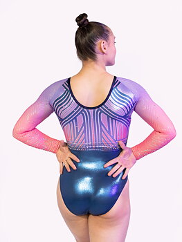 ELECTRONICA CORAL Gymnastikdräkt med långa ärmar, glittrigt tyg, sublimerat tyg, mesh och glasstenar