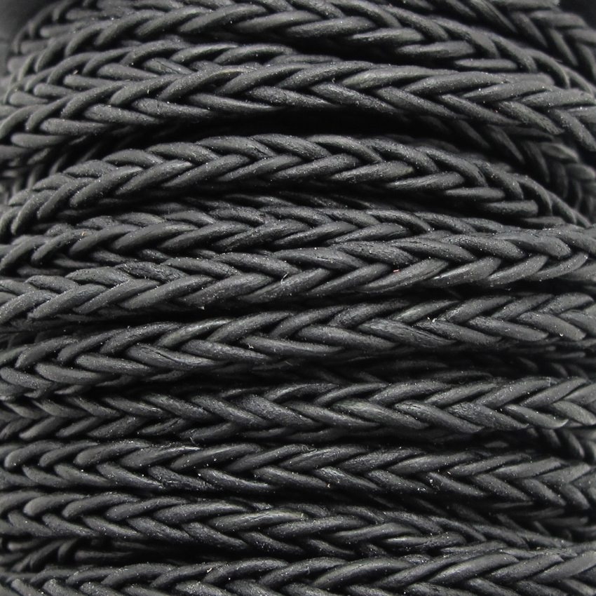 Black square braided leather cord 4mm
